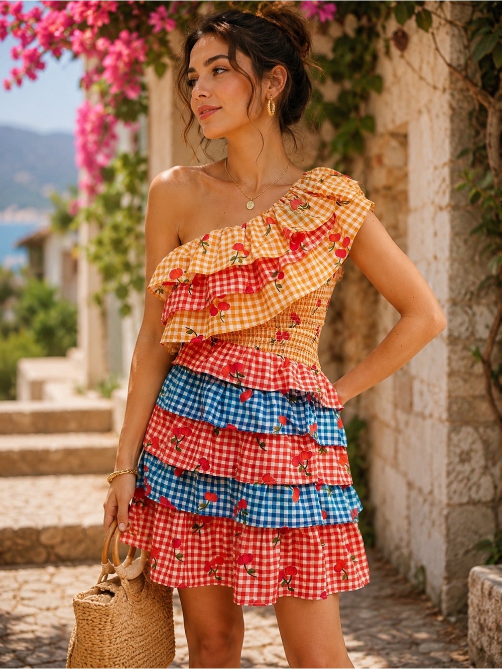 FARM Rio Anthropologie Cherry Gingham One Shoulder Ruffle Tiered Mini Dress XS - Picture 5 of 9